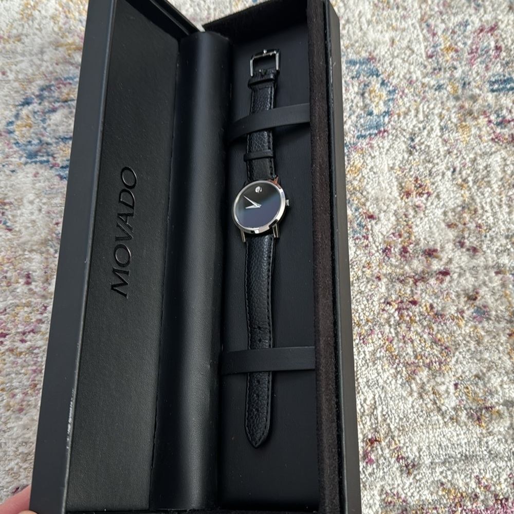Movado Museum collection women’s silver watch with black leather band. - Picture 4 of 11